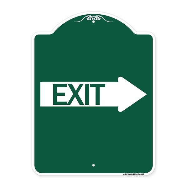 Designer Series Sign Exit W/ Right Arrow, Green & White Aluminum Sign, 18" H, 24" L, GW-1824-24606